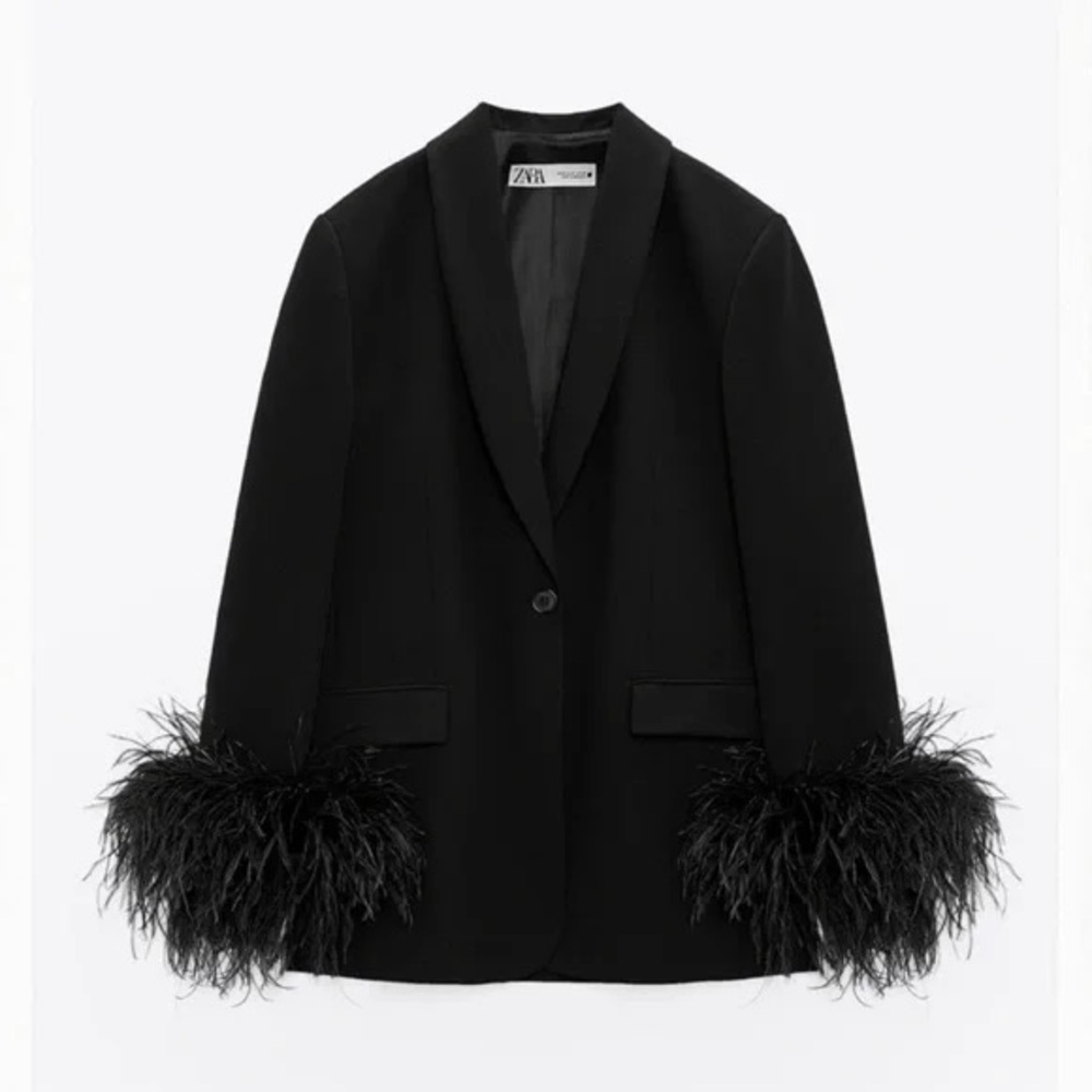 Zara Elegant Black Blazer with Feather Cuffs